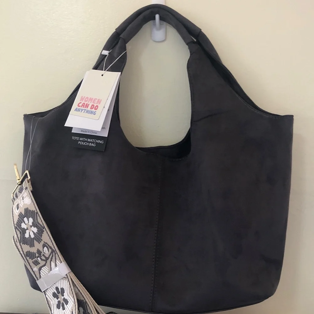 NWT Ahdorned Faux Suede Tote w/ Matching Pouch & Fashion Strap